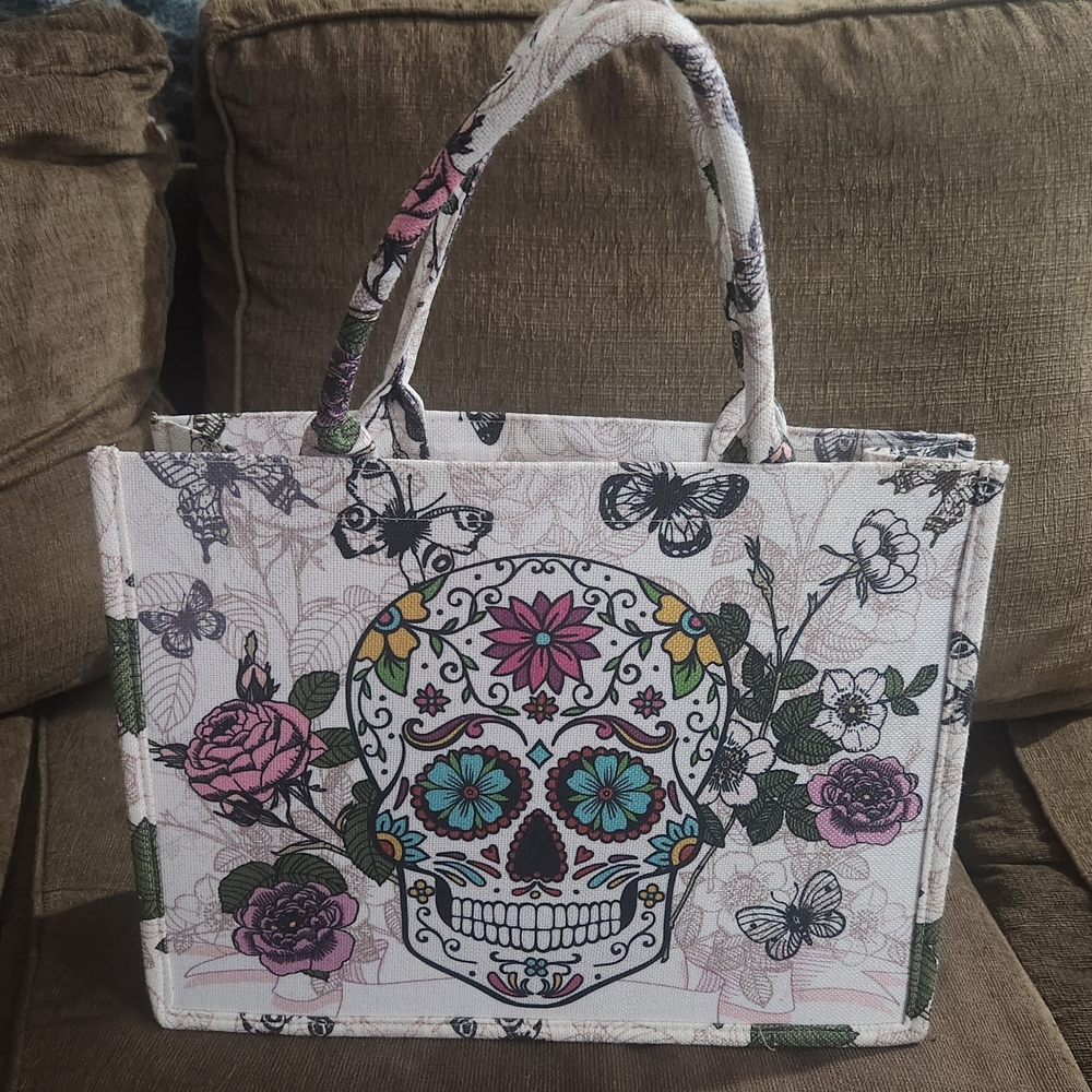 Floral Skull Print Tote Bag - Multicolor